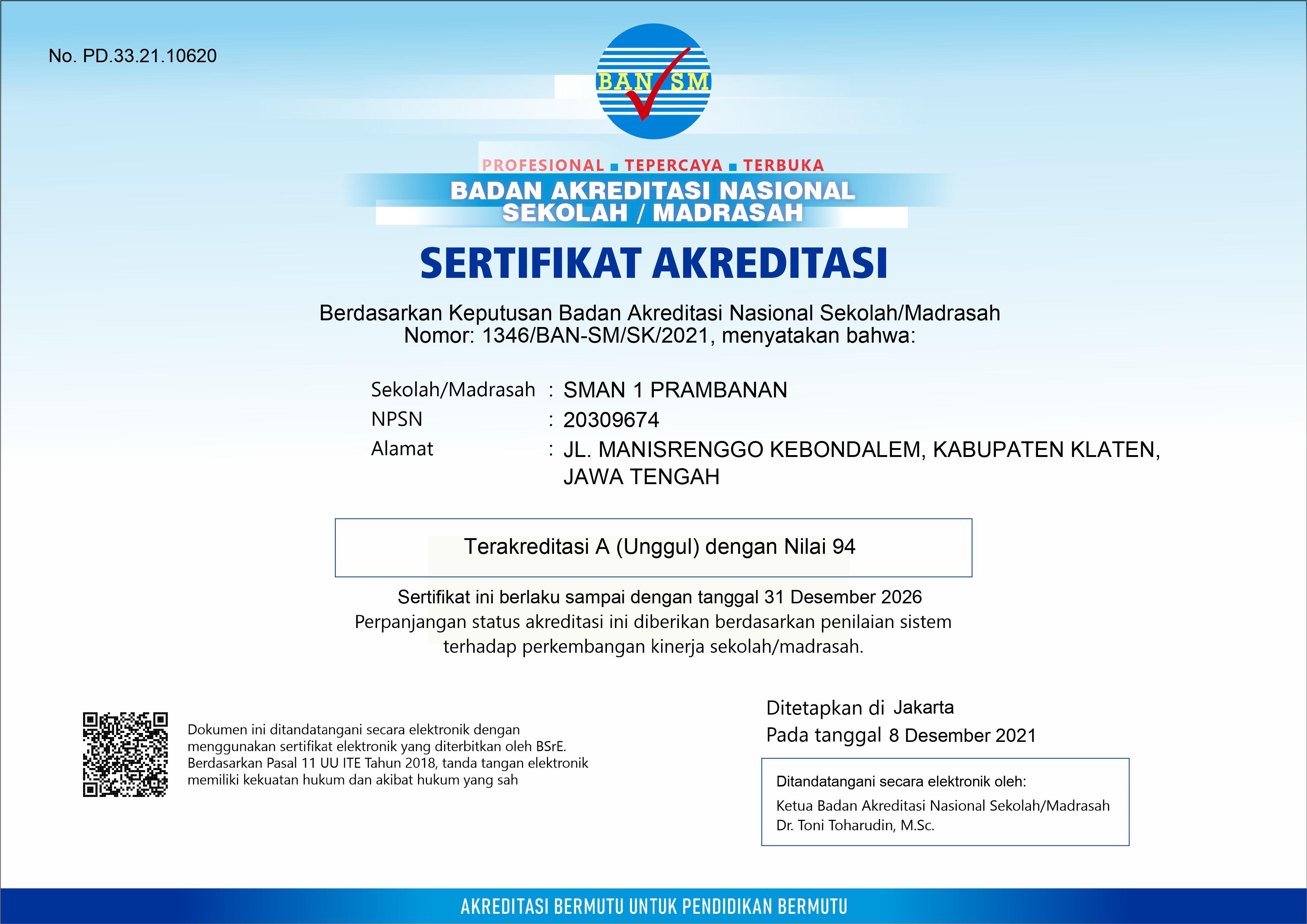 AKREDITASI TERBARU SMA N 1 PRAMBANAN